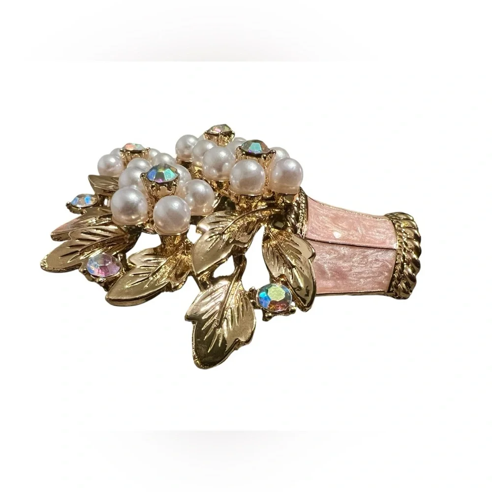 Vintage Style Pink Basket Brooch with Faux Pearl Flowers & AB Crystals